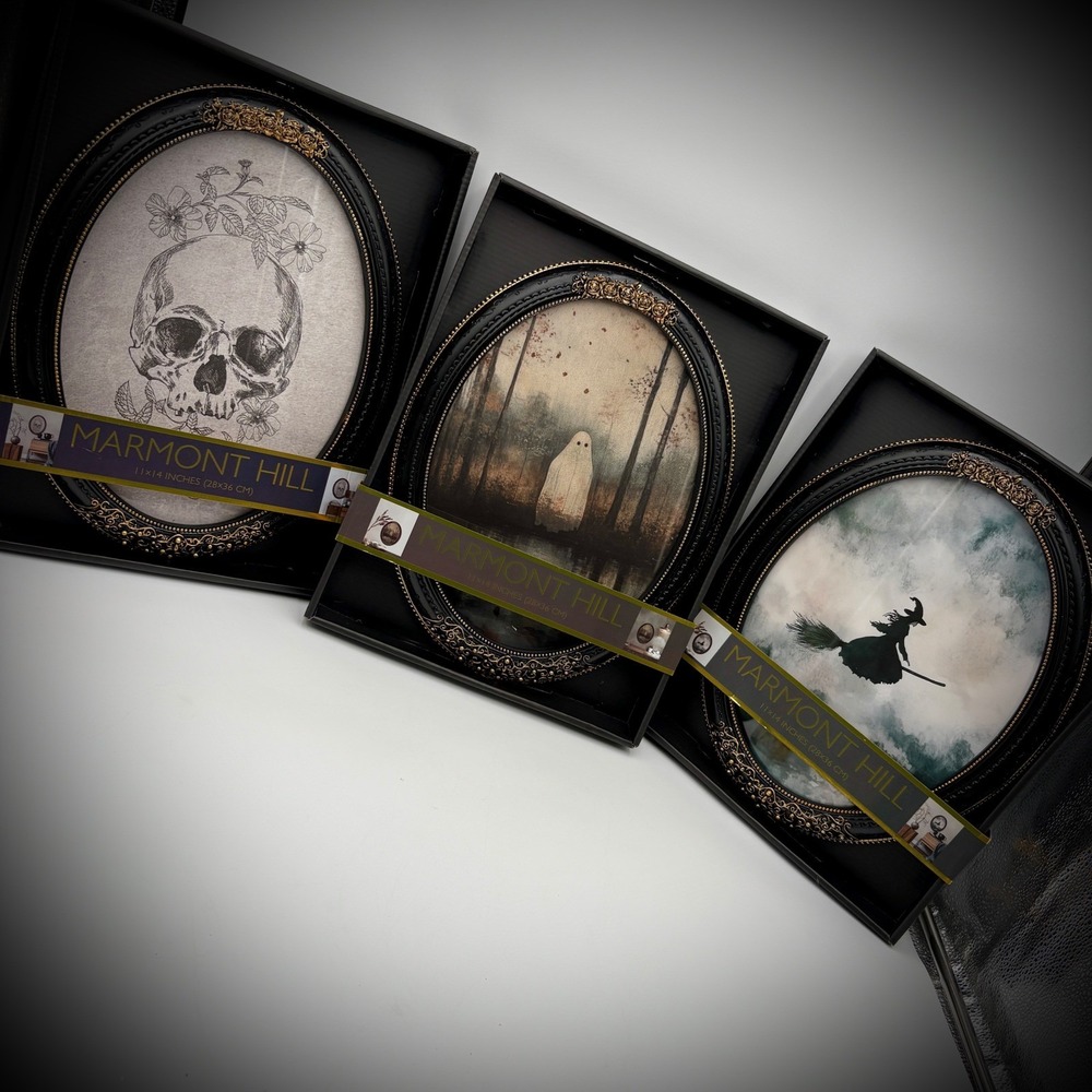 Marmont Hill Halloween Wall Art Set of 3 Black Gold Oval Framed Prints